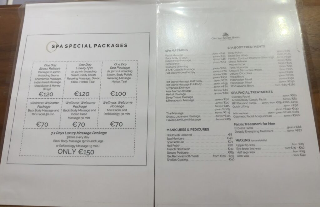 Grecian sands hotel spa menu by Metiya